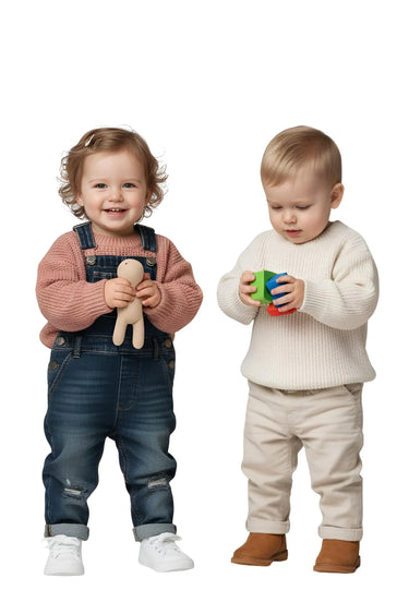 Two children, a girl and a boy, standing side by side on a white background.